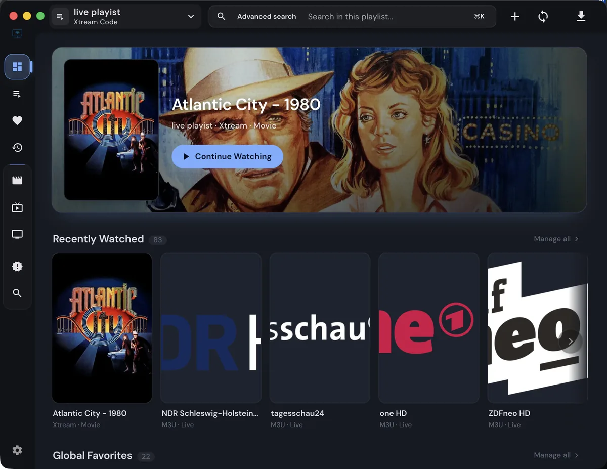 IPTVnator dashboard showing a playlist, search box and recently watched cards
