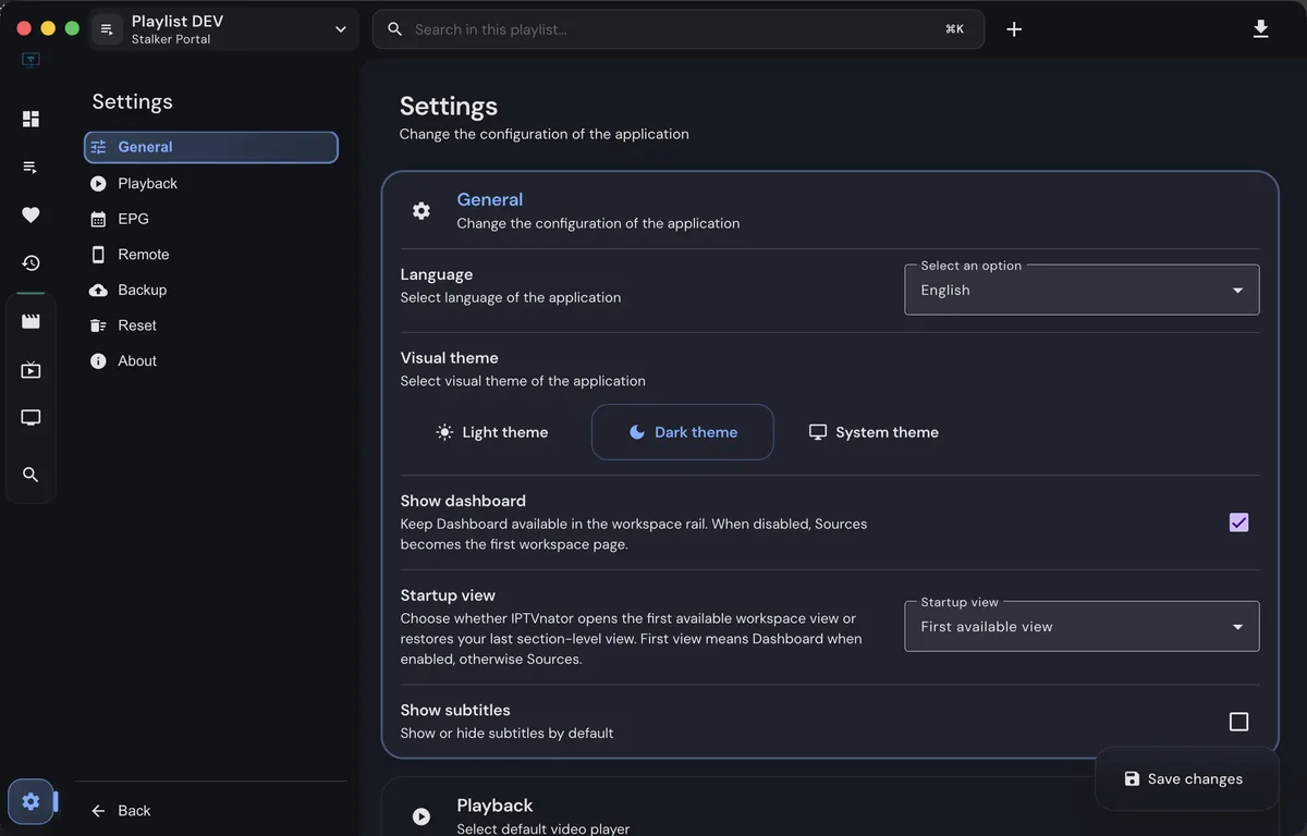 IPTVnator Settings screen with language, theme and playback choices